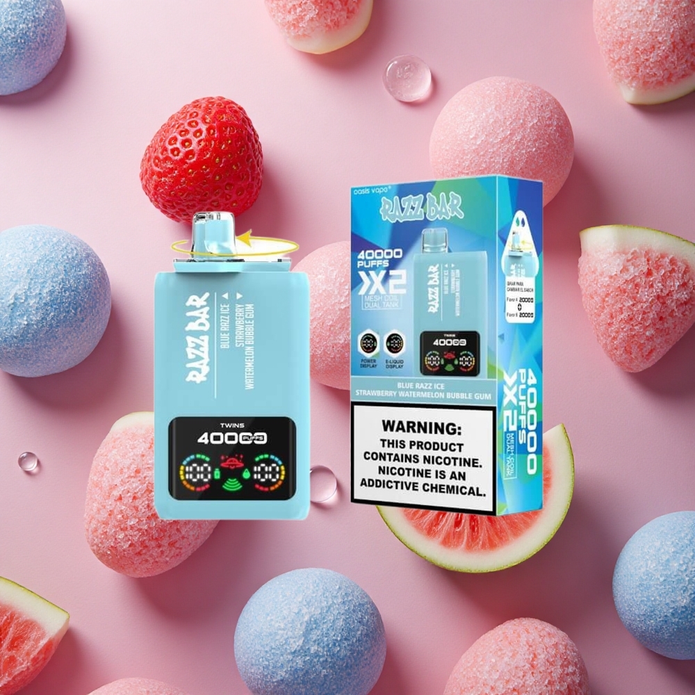 Razz Bar 40000 Puffs Blue Razz Ice-Strawberry Watermelon Bubble Gum Type-C Port 650 Mah Battery