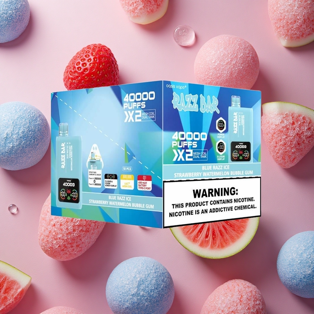 Razz Bar 40000 Puffs Blue Razz Ice-Strawberry Watermelon Bubble Gum Type-C Port 650 Mah Battery