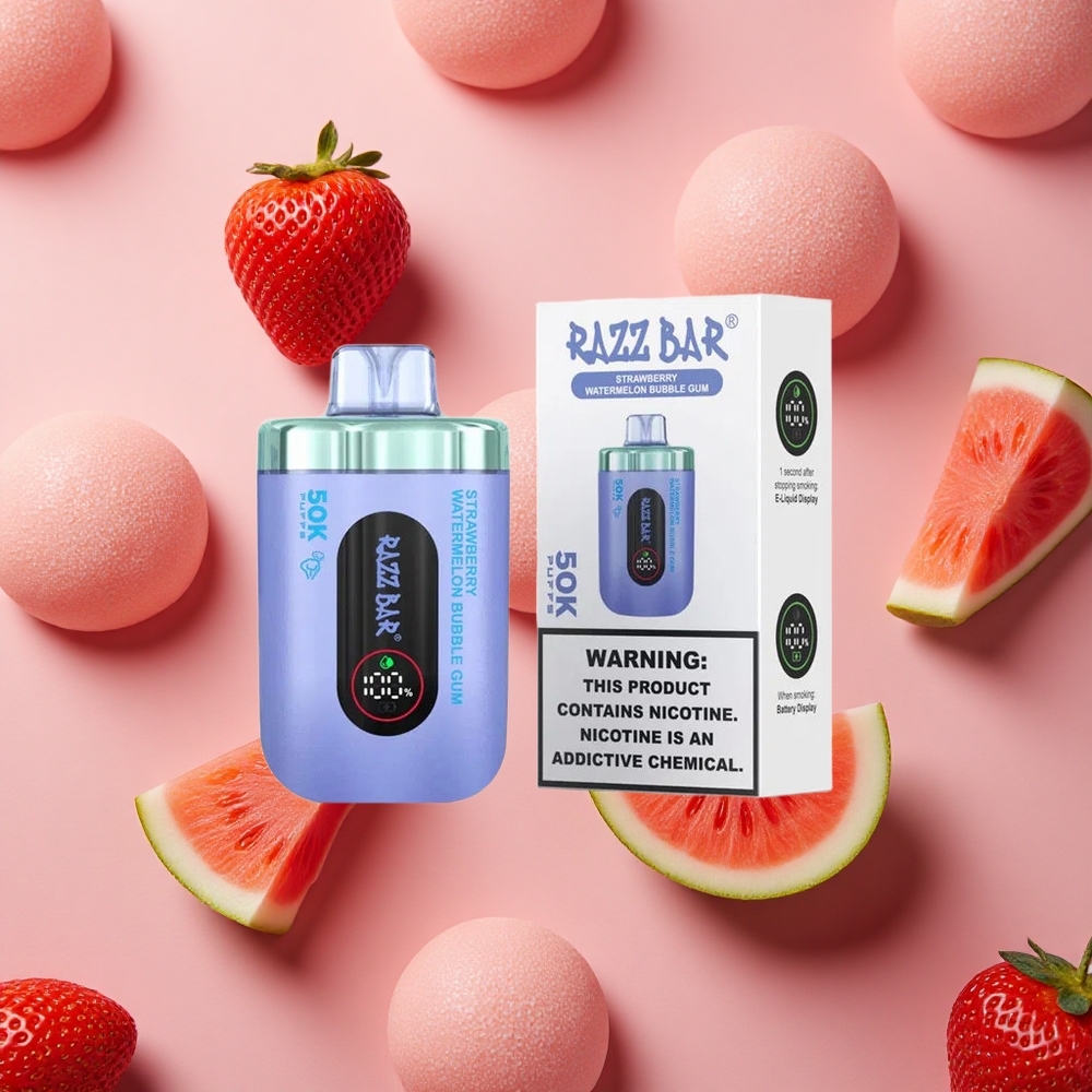 Razz Bar 50K Puffs Strawberry Watermelon Bubble Gum 2% Nicotine Type-C Rechargeable