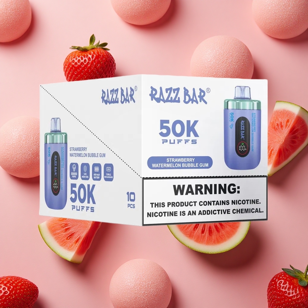 Razz Bar 50K Puffs Strawberry Watermelon Bubble Gum 2% Nicotine Type-C Rechargeable
